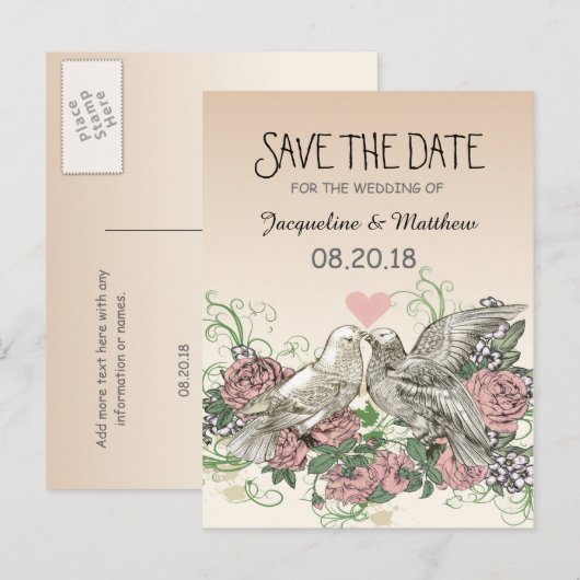 Heart Doves Roos Roze Romance - Save the Date Aankondigingskaart (Voorkant / Achterkant)