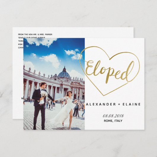 Heart Eloped Marriage Faux Gold Announcement Card Aankondigingskaart (Voorkant / Achterkant)