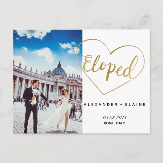 Heart Eloped Marriage Faux Gold Announcement Card Aankondigingskaart (Voorkant)