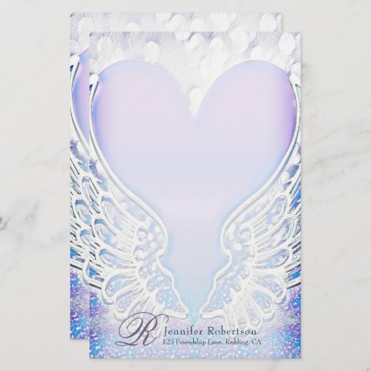 Heart en Angel Wings Monogram Stationery Briefpapier (Voorkant / Achterkant)