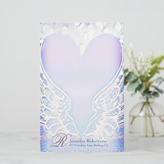 Heart en Angel Wings Monogram Stationery Briefpapier (Staand voorkant)
