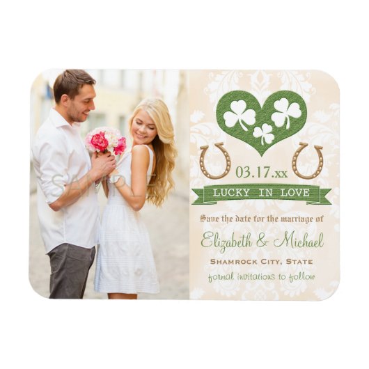 Heart en Shamrock Lucky Hoefijzer Save the Date Magneet (Horizontaal)