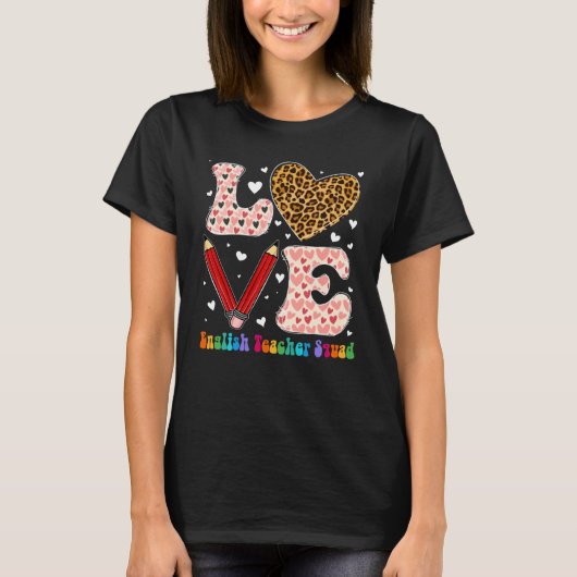 Heart English Teacher Squad Leopard Plaid Valentin T-shirt (Voorkant)