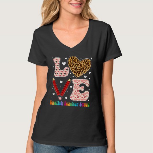 Heart English Teacher Squad Leopard Plaid Valentin T-shirt (Voorkant)