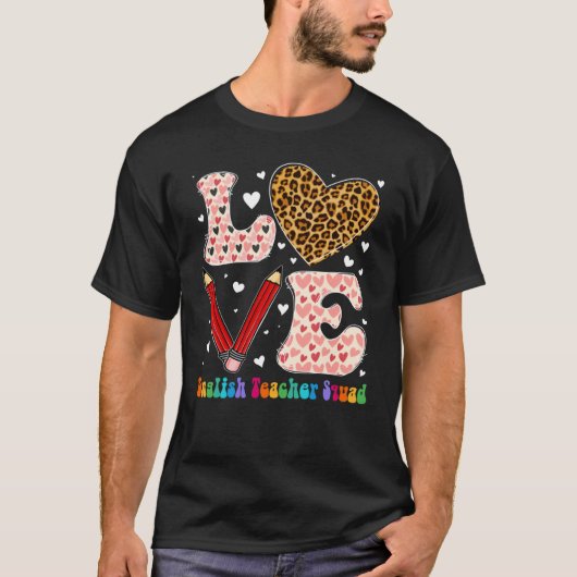 Heart English Teacher Squad Leopard Plaid Valentin T-shirt (Voorkant)