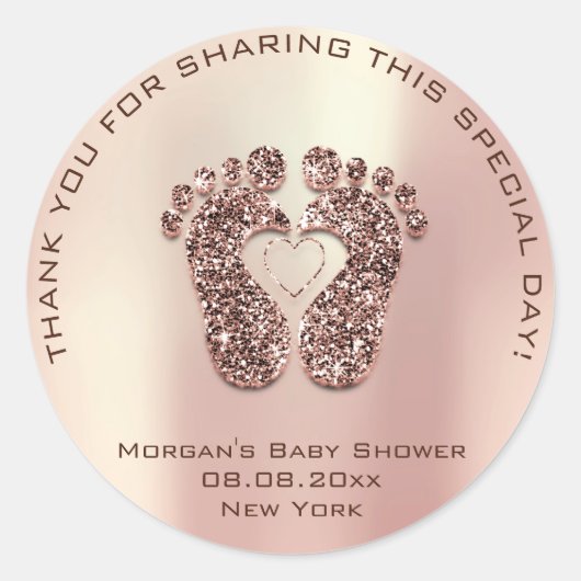 Heart Feet Baby shower Favor Dank Roos Koper Ronde Sticker (Voorkant)