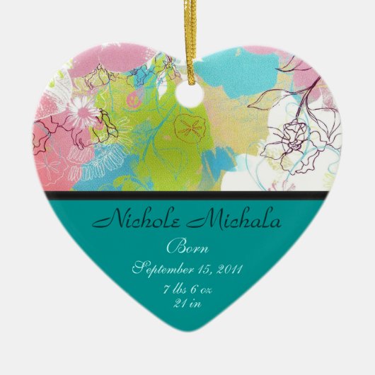 Heart Floral Birth Announcement Keepomwille Keramisch Ornament (Voorkant)