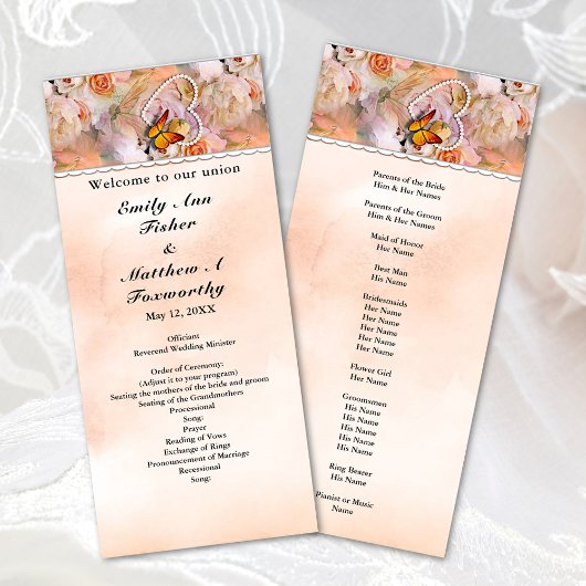 Heart Floral Roos Butterfly Pearls Wedding Program Programmakaart