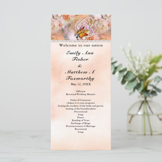 Heart Floral Roos Butterfly Pearls Wedding Program Programmakaart (Staand voorkant)
