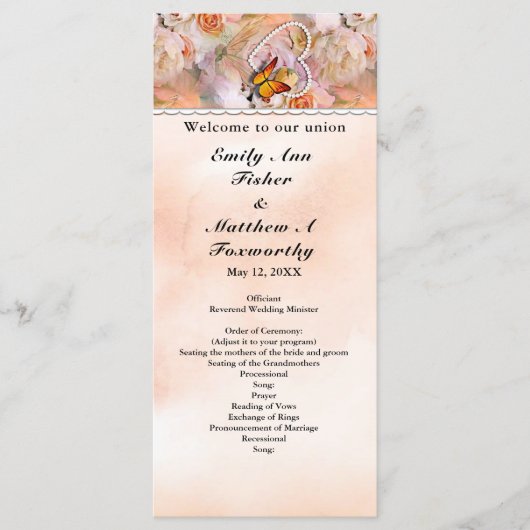 Heart Floral Roos Butterfly Pearls Wedding Program Programmakaart (Voorkant)