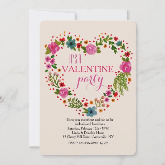 Heart Floral Wreath Valentijn Party Invitation Kaart (Voorkant)