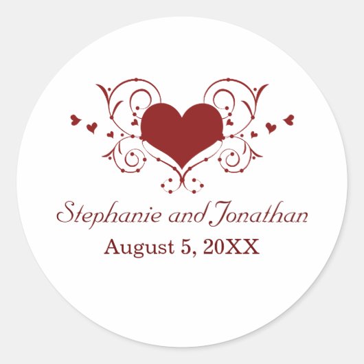 Heart Flourish Wedding Stickers, Red Ronde Sticker (Voorkant)