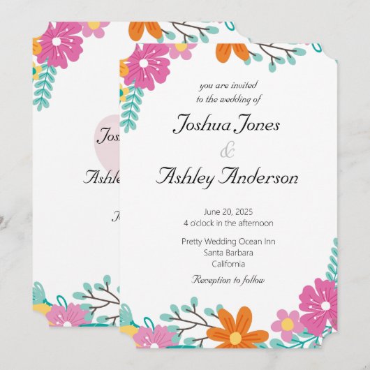 Heart Flowers Wedding Invitation Kaart (Voorkant / Achterkant)
