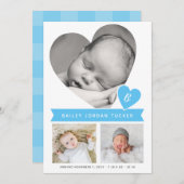 Heart Foto Collage Blue Gingham Baby Boy Birth Aankondiging (Voorkant / Achterkant)