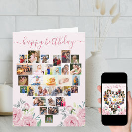 Heart Foto Collage Pink Peony Birthday Kaart