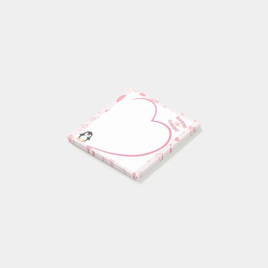 Heart Frame and Kawaii Penguin pink post it notes (Schuin)