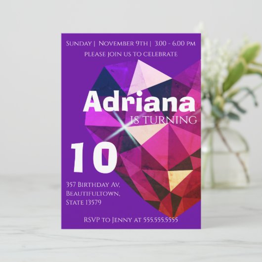 Heart Gemstone Purple 10th Birthday Invitation Kaart (Staand voorkant)