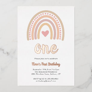 Heart Girl Boho Rainbow First Birthday Roos Gold Folie Uitnodiging