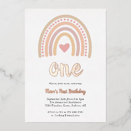 Heart Girl Boho Rainbow First Birthday Roos Gold Folie Uitnodiging