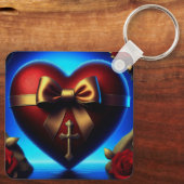 Heart Gold Ribbon Cross Rozen Sleutelhanger (Achterkant)