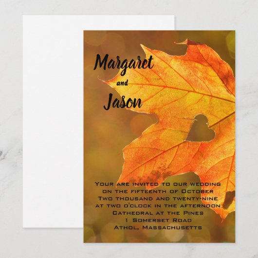 Heart Herfst Foliage Autumn Wedding Invitations Kaart (Voorkant / Achterkant)