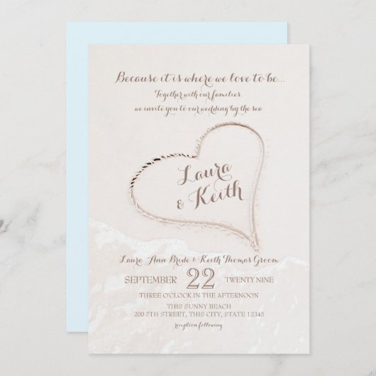 Heart in Sand Beach Wedding Kaart (Voorkant / Achterkant)