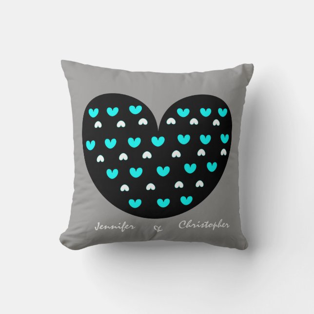Heart Jubileum Pillow, w Names/Date; Grijs/Aqua Kussen (Voorkant)