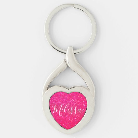 Heart Keychain Glitter Persoonlijke naam Hot Pink (Voorkant)
