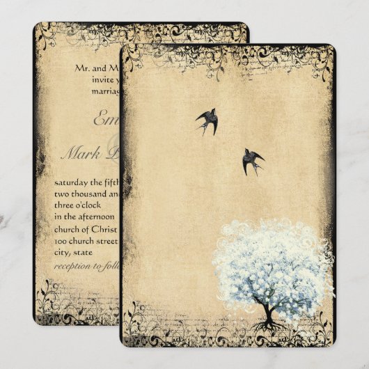 Heart Leaf Blue Tree  Bird Faux Parchment Kaart (Voorkant / Achterkant)