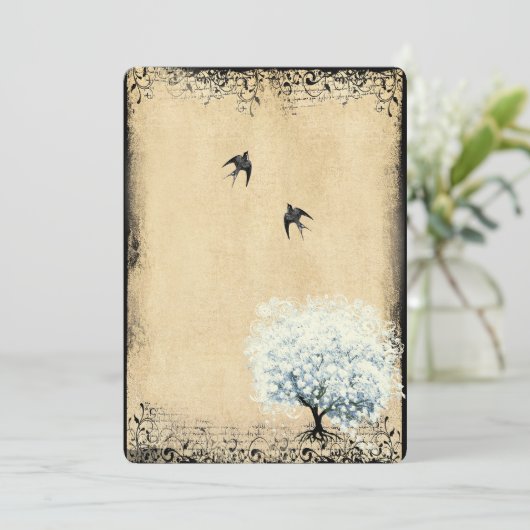 Heart Leaf Blue Tree  Bird Faux Parchment Kaart (Staand voorkant)