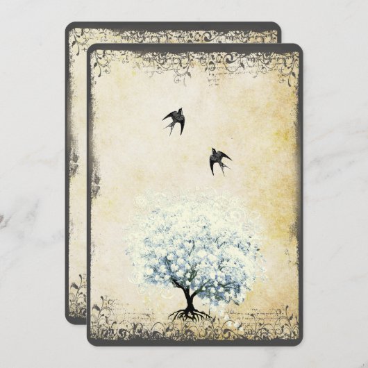 Heart Leaf Blue Tree  Bird Pearl Parchment Kaart (Voorkant / Achterkant)