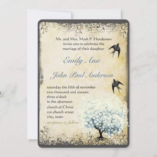 Heart Leaf Blue Tree  Bird Pearl Parchment Kaart (Achterkant)