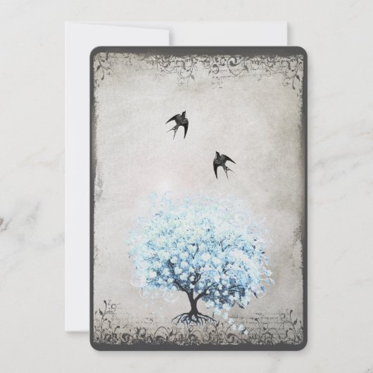 Heart Leaf Blue Tree Bird Silver Parchment Kaart (Voorkant)