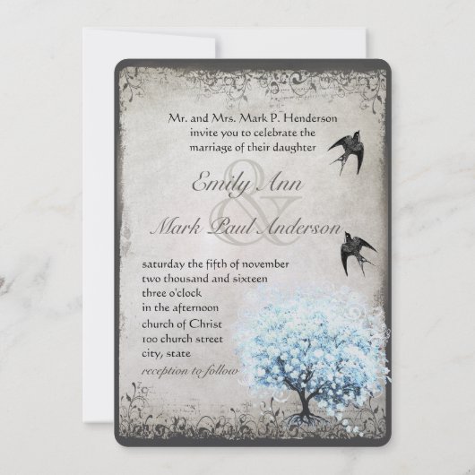 Heart Leaf Blue Tree Bird Silver Parchment Kaart (Achterkant)