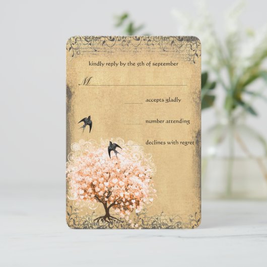 Heart Leaf Coral Tree Love Bird Wedding RSVP (Staand voorkant)