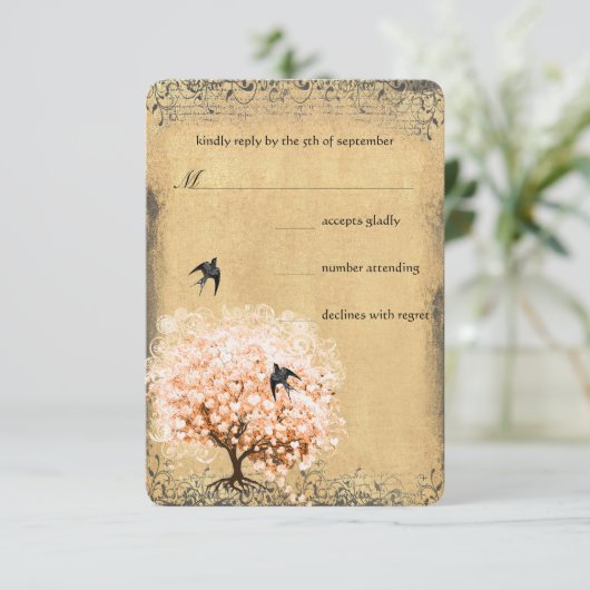 Heart Leaf Coral Tree Love Bird Wedding RSVP (Staand voorkant)