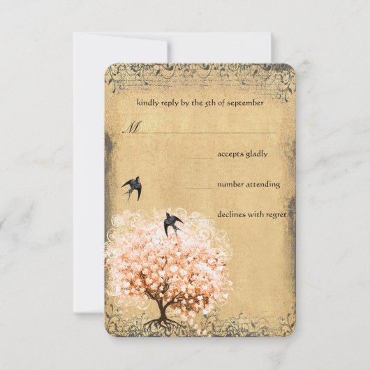 Heart Leaf Coral Tree Love Bird Wedding RSVP Kaartje (Voorkant)