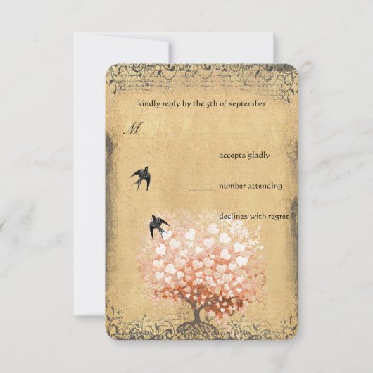 Heart Leaf Coral Tree Love Bird Wedding RSVP Kaartje (Voorkant)