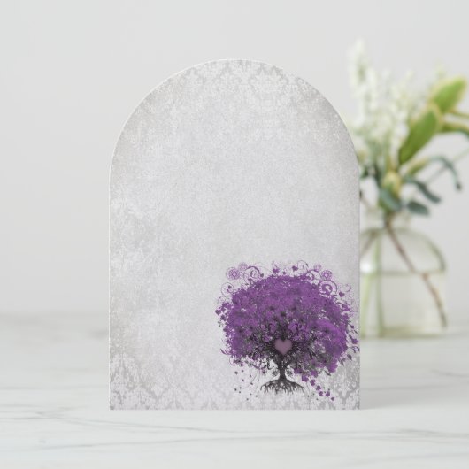 Heart Leaf Eggplant Tree Damask Wedding Kaart (Staand voorkant)