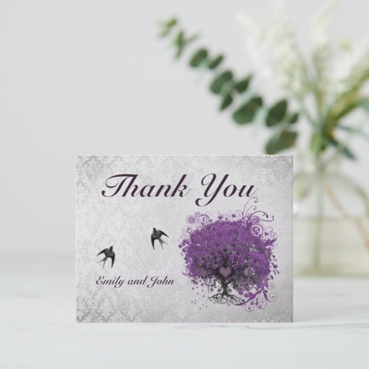 Heart Leaf Eggplant Tree vogels Hartelijk dank Bedankkaart (Staand voorkant)