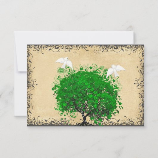 Heart Leaf Emerald Tree Dove Bird Wedding RSVP Kaartje (Achterkant)