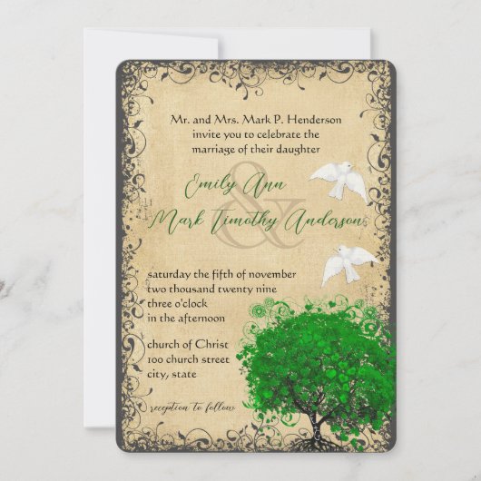 Heart Leaf Emerald Tree Doves Weddings Kaart (Voorkant)