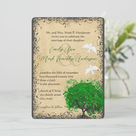 Heart Leaf Emerald Tree  Doves Weddings Kaart (Staand voorkant)