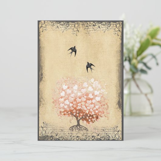 Heart Leaf Koral Peach Bud Tree Bird Weddenschap Kaart (Staand voorkant)