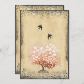 Heart Leaf Koral Peach Bud Tree Bird Weddenschap Kaart (Voorkant / Achterkant)