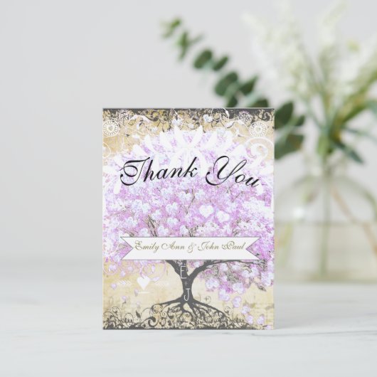 Heart Leaf Lavender Tree  Bird Wedding Bedankkaart (Staand voorkant)