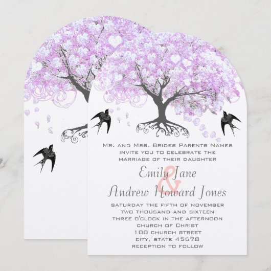 Heart Leaf Lavender Tree  Bird Wedding Kaart (Voorkant / Achterkant)