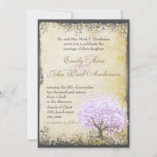 Heart Leaf Lavender Tree  Bird Wedding Kaart (Achterkant)