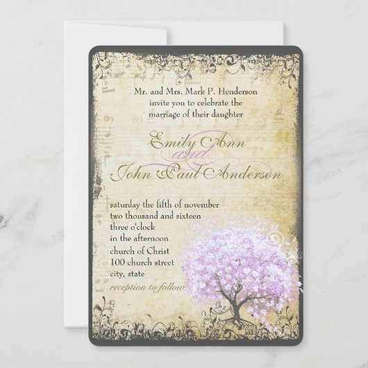 Heart Leaf Lavender Tree  Bird Wedding Kaart (Achterkant)