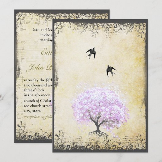 Heart Leaf Lavender Tree  Bird Wedding Kaart (Voorkant / Achterkant)